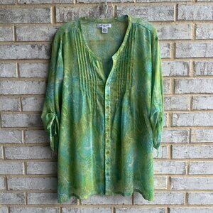Liz Claiborne 3/4 Sleeve Button Up Colorful Paisley Sheer Blouse Women's Size 2X